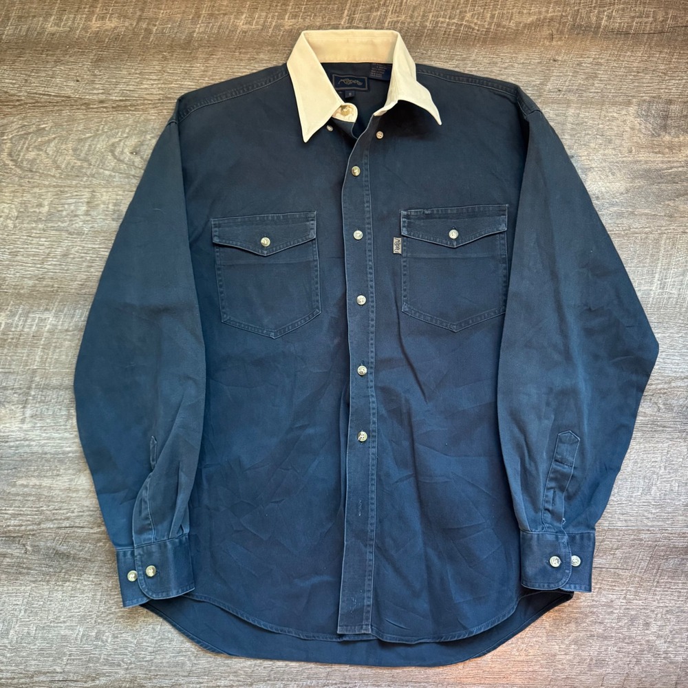 Roper Western Canvas Shirt Small Navy Blue Cream Contrast Collar cowboycore